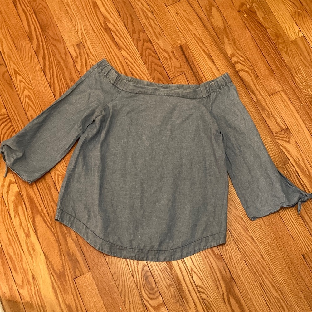 Free People | Show Me Some Shoulder Blue Chambray Linen Blouse | Size S